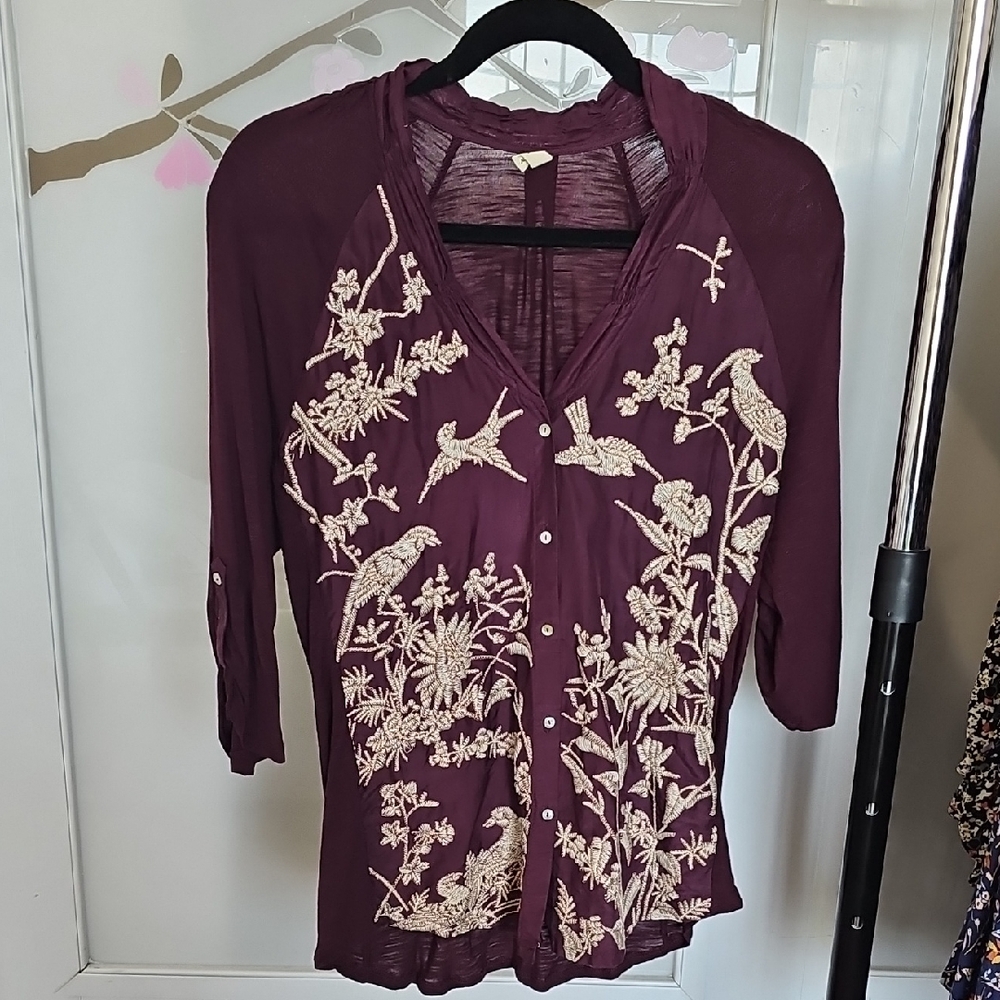 Tiny Purple Button Down Shirt with Cream Embroidery